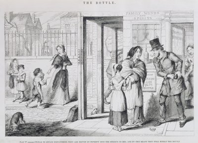 La Bottiglia, Tavola IV, Incapaci di ottenere lavoro, sono costretti dalla povertà a mendicare per strada, e in questo modo continuano a fornire la bottiglia, 1847 da George Cruikshank